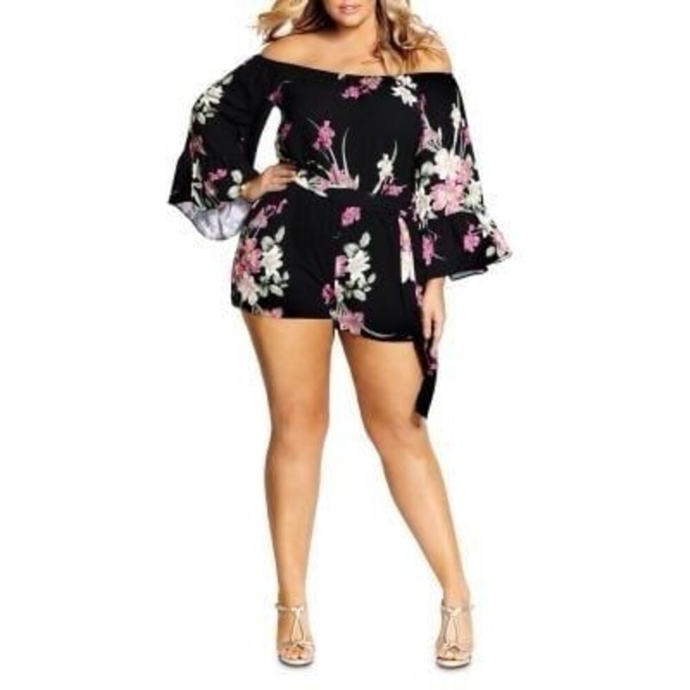 City Chic Floral Print Off Shoulder Bell Sleeves Romper Playsuit 14 No Belt